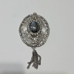 Vintage Art Deco Ornate Silver Pendant with Black Stone